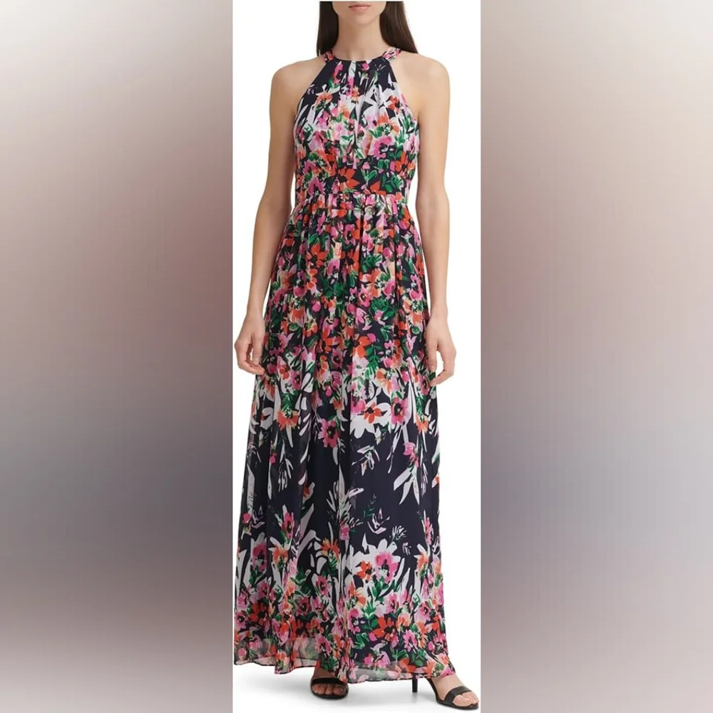 Eliza J Halter Chiffon Maxi Dress – Navy Pink Floral Party Spring Summer NWT - Picture 2 of 12
